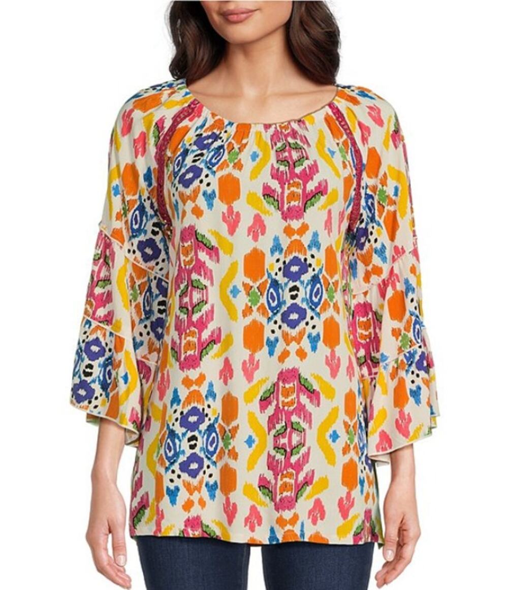 New Calessa Abstract Ikat Print 3/4 Tiered Sleeve Tunic Shirt Size Small